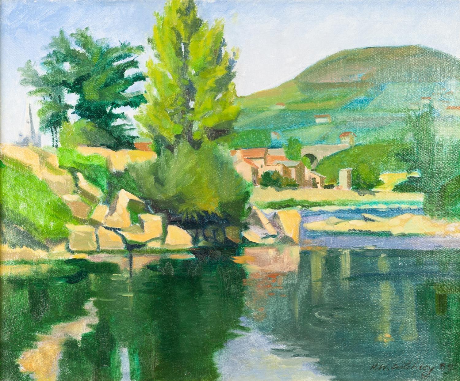 H. W. CRITCHLEY OIL PAINTING ON CANVAS A plein-air Continental river landscape with a church