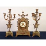 LATE NINETEENTH CENTURY FRENCH GREEN ONYX AND GILT METAL MOUNTED THREE PIECE CLOCK GARNITURE, THE