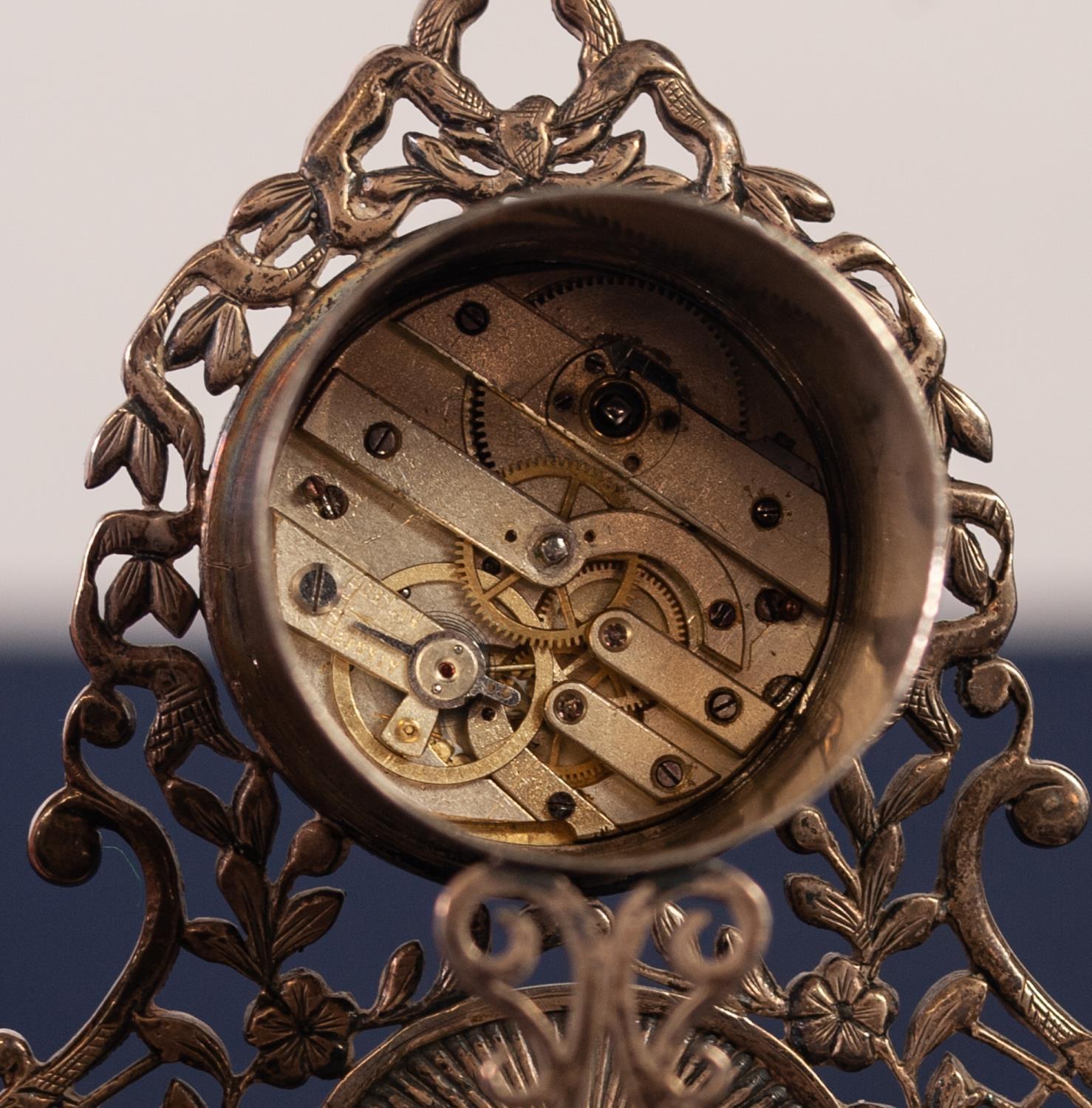 LATE NINETEENTH CENTURY CONTINENTAL SILVER COLOURED METAL AND MARCASITE MINIATURE MANTEL CLOCK, - Image 4 of 4