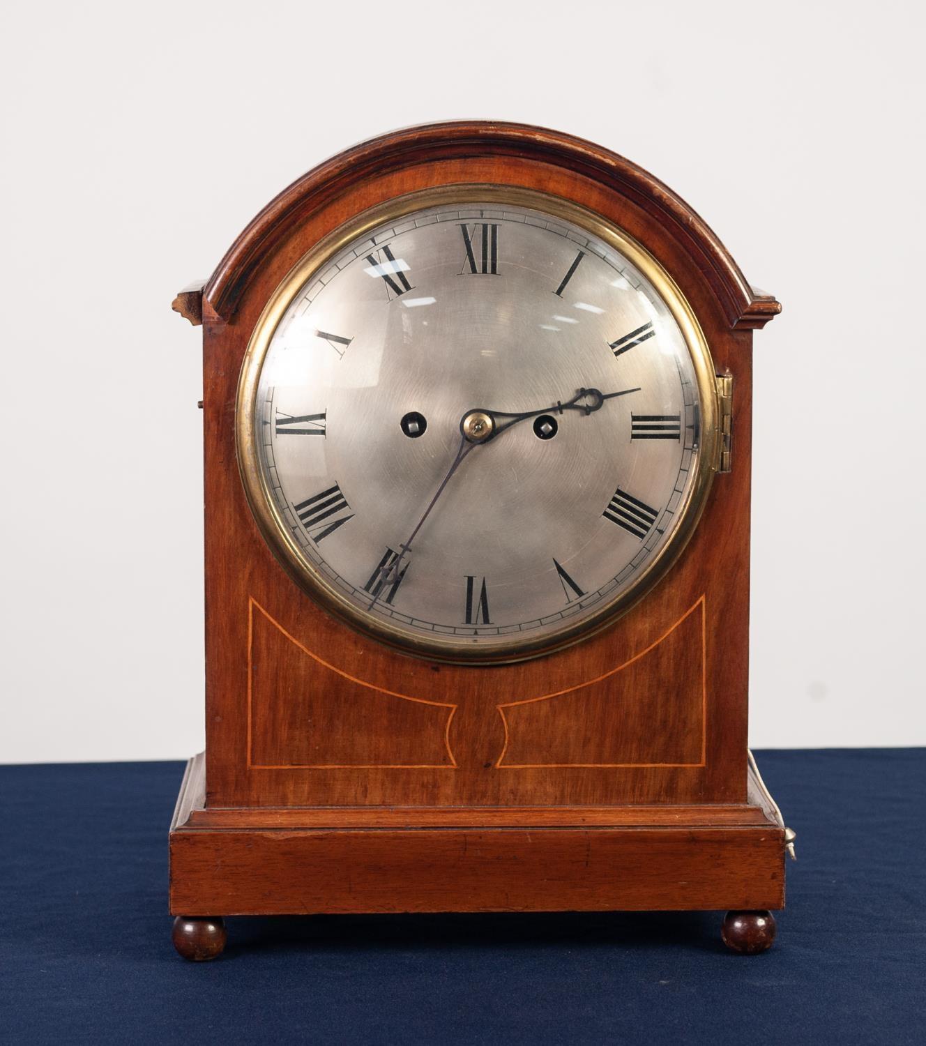 EDWARDIAN LINE INLAID MAHOGANY REPEATING MANTLE CLOCK, the 8” silvered Roman dial powered by an - Image 2 of 3