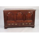 EIGHTEENTH CENTURY OAK DOWER CHEST, the moulded plank top enclosing a candle box, a/f, with two