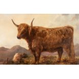 BRITISH SCHOOL (19th CENTURY) OIL PAINTING ON MILL-BOARD A highland bull in upland landscape 10 3/4"