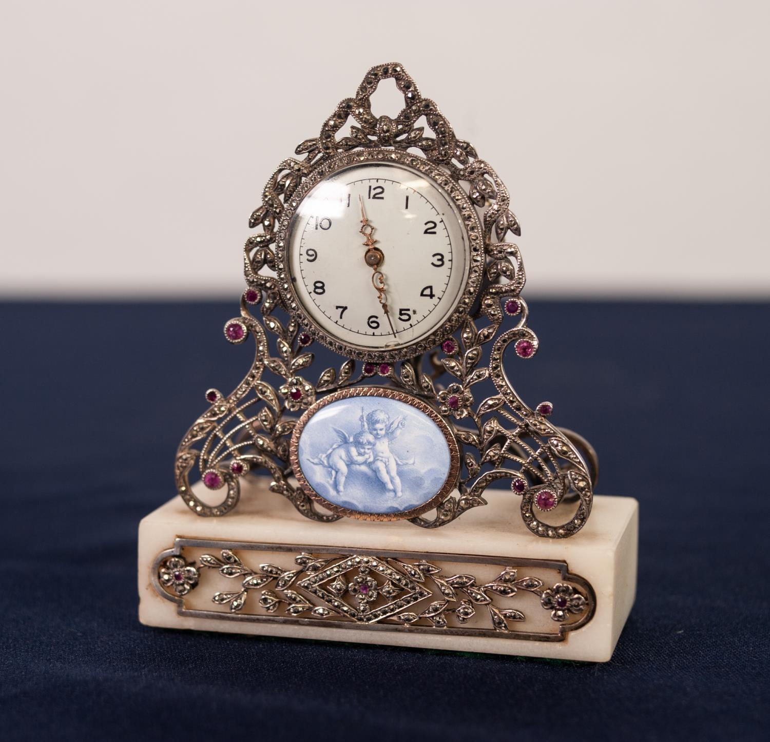 LATE NINETEENTH CENTURY CONTINENTAL SILVER COLOURED METAL AND MARCASITE MINIATURE MANTEL CLOCK, - Image 2 of 4