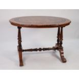 GOOD MID VICTORIAN INLAID AND TULIPWOOD CROSSBANDED FIGURED WALNUT CENTRE TABLE, the moulded oval