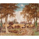 RICHARD GEORGE HINCHCLIFFE (1868 - 1942) OIL PAINTING ON CANVAS A wooded landscape with cows