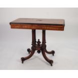 LATE VICTORIAN INLAID AND PARCEL EBONISED FIGURED WALNUT PEDESTAL FOLD-OVER CARD TABLE, the