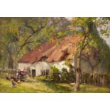 J. BOWMAN (1872 - 1915) OIL PAINTING ON CANVAS A man feeding chickens in front of a thatched cottage