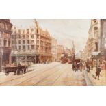 K. CHERRINGTON WATERCOLOUR DRAWING 'Market Street, Manchester' with trams and horsedrawn wagons