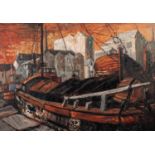 PATRICIA LAING (TWENTIETH CENTURY) OIL PAINTING ON BOARD 'Sailing barge, Brayford' Signed, titled