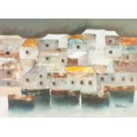 LIDO BETTARINI (b.1927) OIL PAINTING ON CANVAS Semi-abstract coastal townscape