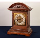 JUNGHANS, EARLY TWENTIETH CENTURY OAK CASED MANTLE CLOCK, the 5” dial with silvered Arabic chapter