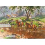 DAVID McNAUGHTON OIL PAINTING ON CANVAS 'River Crossing' Signed lower left 16" x 22" (40.5 x 56cm)