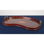 EDWARDIAN INLAID MAHOGANY KIDNEY SHAPED TWO HANDLED TRAY, with raised border, brass end handles