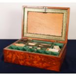 NINETEENTH CENTURY FIGURED SATINWOOD SEWING BOX, of oblong form, the interior well fited with lift-