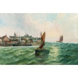 J. DAVIES (circa 1900) PAIR OF OIL PAINTINGS ON RE-LINED CANVAS Coastal scenes with fishing boats,