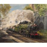 GARBETT (TWENTIETH CENTURY) OIL PAINTING ON ARTIST BOARD The Royal Scot locomotive under steam