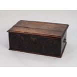 ANTIQUE CARVED OAK AND LATER COMPOSITE BIBLE BOX, of oblong form with moulded top, plain interior