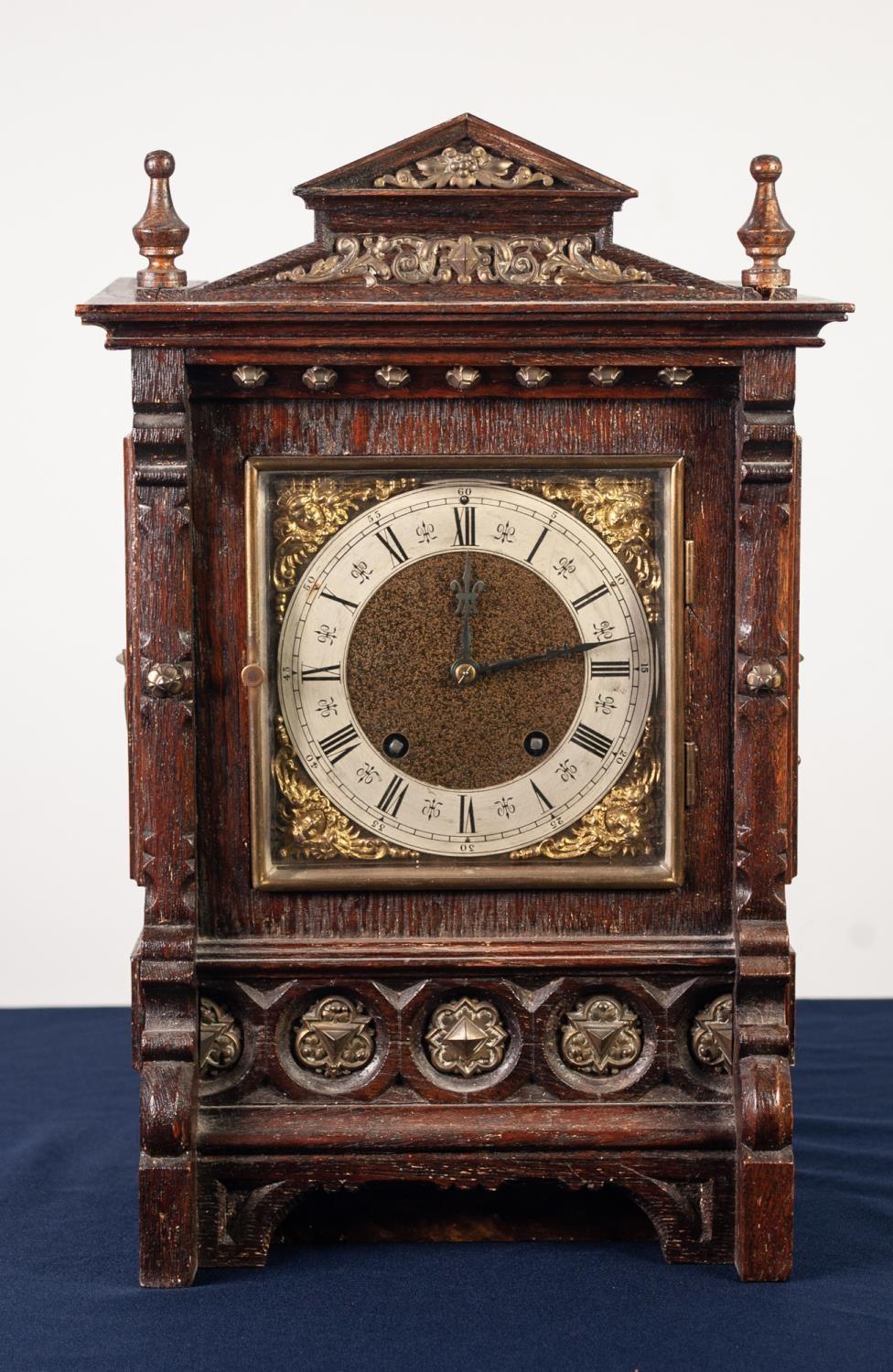LENZKIRCH, LATE NINETEENTH CENTURY BRASS MOUNTED OAK MANTLE CLOCK, the 5 1/2" brass dial with - Image 2 of 4