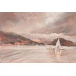 UNATTRIBUTED (TWENTIETH CENTURY ENGLISH SCHOOL) PASTEL Lake scene with sailing dinghy Indistinctly