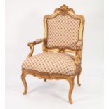 19th CENTURY CONTINENTAL CARVED GILTWOOD OPEN ARMCHAIR, 45 1/2" (115.5cm) high, 28" (71cm) wide,