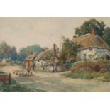 JAMES W. MILLIKEN (1887-1930) WATERCOLOUR DRAWING Bygone rural street scene with drover and sheep in