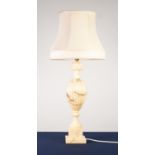 GREY VEINED WHIE ALABASTER, LARGE TABLE LAMP, urn shaped and lobed with square plinth base, 20" high