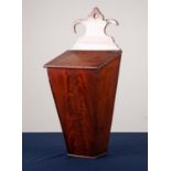 ANTIQUE FIGURED MAHOGANY MURAL CANDLE BOX, o typical form with fret cut back plate, a/f, 20 ¾” (52.