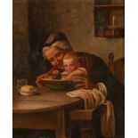CONTINENTAL SCHOOL (19th CENTURY) OIL PAINTING ON CANVAS A grandmother and child at a table in an