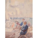 WALTER BAYES R.W.S. (1869 - 1956) WATERCOLOUR DRAWING Figures seated ona sunlit promenade with