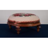 VICTORIAN CROSSBANDED AND CARVED WALNUT TABOURET STOOL, the circular padded seat covered in floral