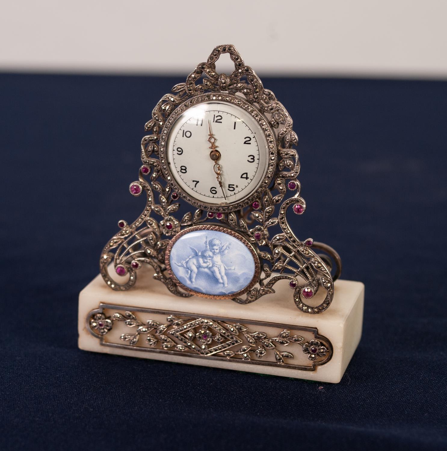 LATE NINETEENTH CENTURY CONTINENTAL SILVER COLOURED METAL AND MARCASITE MINIATURE MANTEL CLOCK,