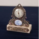 LATE NINETEENTH CENTURY CONTINENTAL SILVER COLOURED METAL AND MARCASITE MINIATURE MANTEL CLOCK,