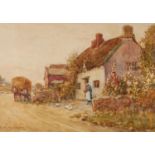 JAMES W. MILLIKEN (1887-1930) WATERCOLOUR DRAWING Bygone cottage scene with maid, ducks and hay