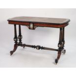 MID VICTORIAN FRENCH STYLE AMBOYNA INLAID, GILT METAL MOUNTED AND PARCEL EBONISED WRITING TABLE WITH
