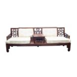 GOOD CHINESE POST-WAR HUALI WOOD 'OPIUM' SUITE, of long seat with twin padded cushion inset back