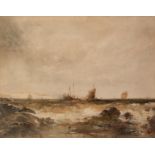 ALBERT POLLITT (1856-1926) WATERCOLOUR DRAWING Boats under sail in rough seas off the coast Signed