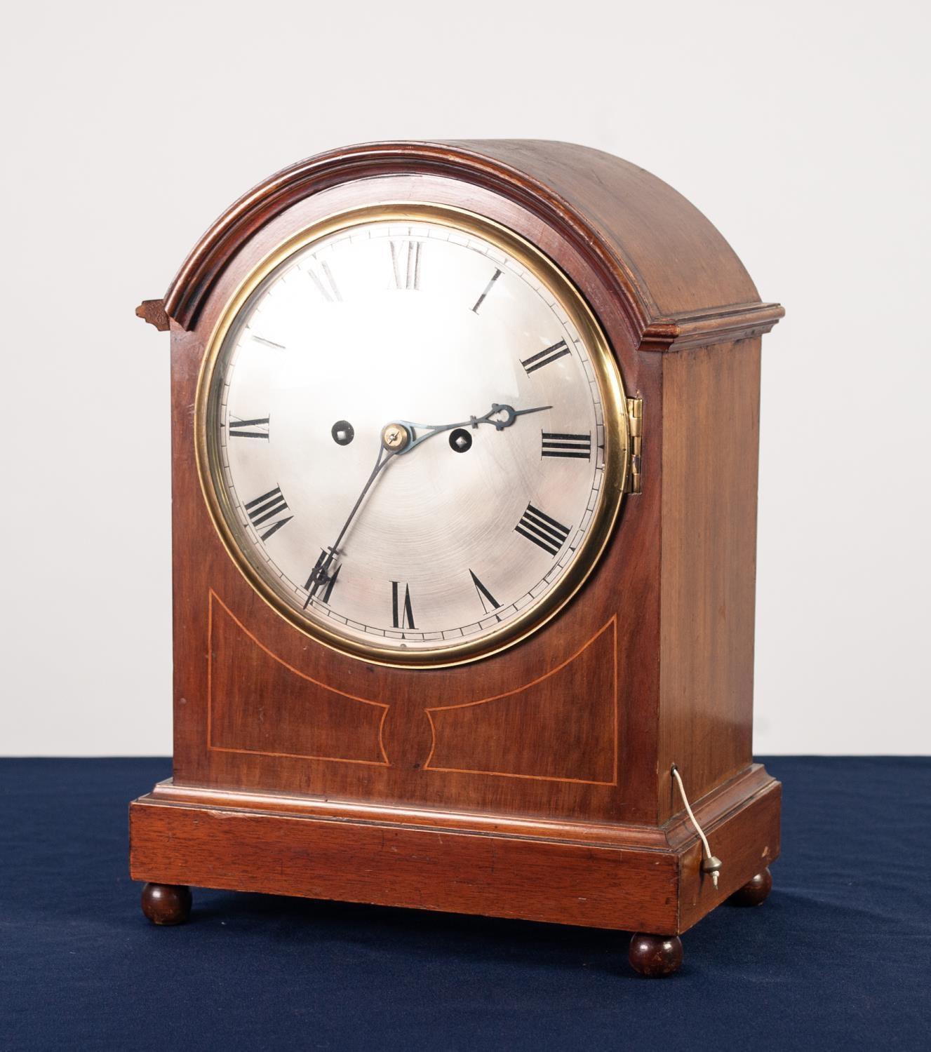 EDWARDIAN LINE INLAID MAHOGANY REPEATING MANTLE CLOCK, the 8” silvered Roman dial powered by an