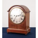 EDWARDIAN LINE INLAID MAHOGANY REPEATING MANTLE CLOCK, the 8” silvered Roman dial powered by an
