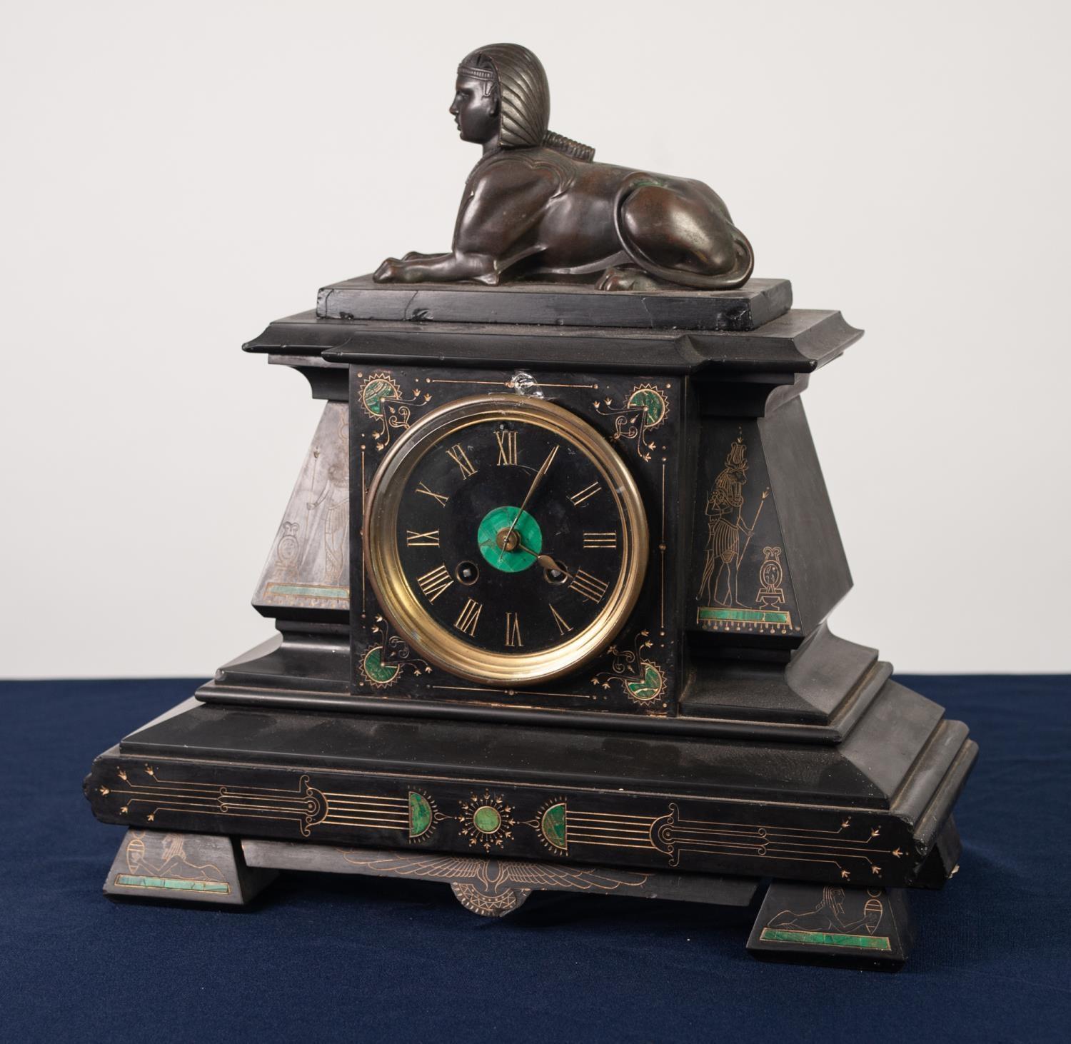 LATE NINETEENTH CENTURY BLACK SLATE MANTLE CLOCK, the 4" Roman dial with inset centre, powered by an