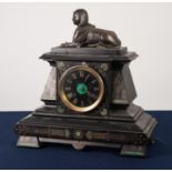 LATE NINETEENTH CENTURY BLACK SLATE MANTLE CLOCK, the 4" Roman dial with inset centre, powered by an