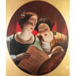 BRITISH SCHOOL (19th Century) OIL PAINTING ON CANVAS Two young ladies singing from a music sheet, in
