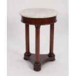 NINETEENTH CENTURY WHITE VEINED MARBLE TOPPED FIGURED MAHOGANY GUERIDON, the circular top with