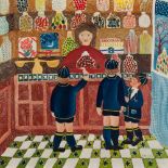 KATE COLLINS (b.1948) NAÏVE OIL PAINTING ON BOARD 'Three Bulls-eyes Please' school children at the