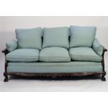 GOOD EDWARDIAN CARVED MAHOGANY AND DOUBLE CANED THREE PIECE BERGERE SUITE, comprising: THREE