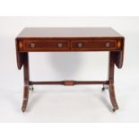 REGENCY STYLE REPRODUCTION SATINWOOD CROSSBANDED FIGURED MAHOGANY SOFA TABLE, of typical form with