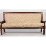 LATE NINETEENTH CENTURY CARVED MAHOGANY AND PINE SETTLE, moulded top rail above a close studded