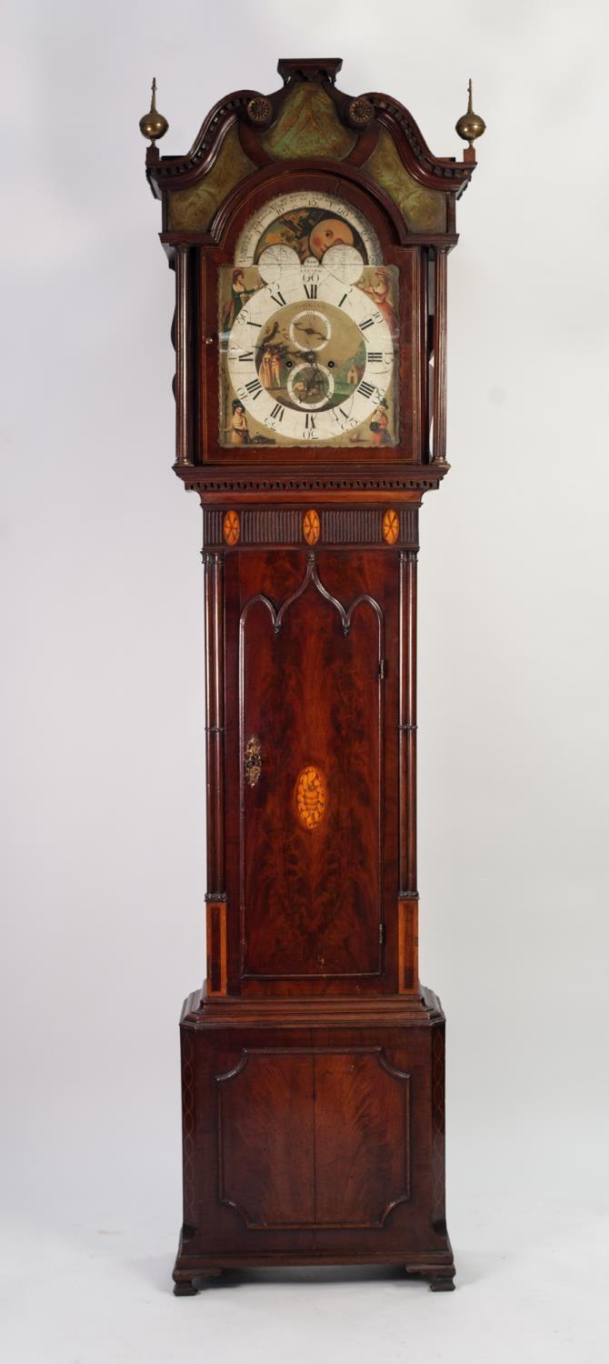 SAM COLLIER, ECCLES, GEORGE III INLAID FIGURED MAHOGANY LONGCASE CLOCK WITH ROLLING MOON PHASE,