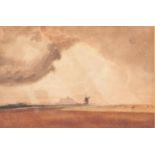 ATTRIBUTED TO JOHN SELL COTMAN WATERCOLOUR Landscape beneath rain clouds, a windmill in the distance