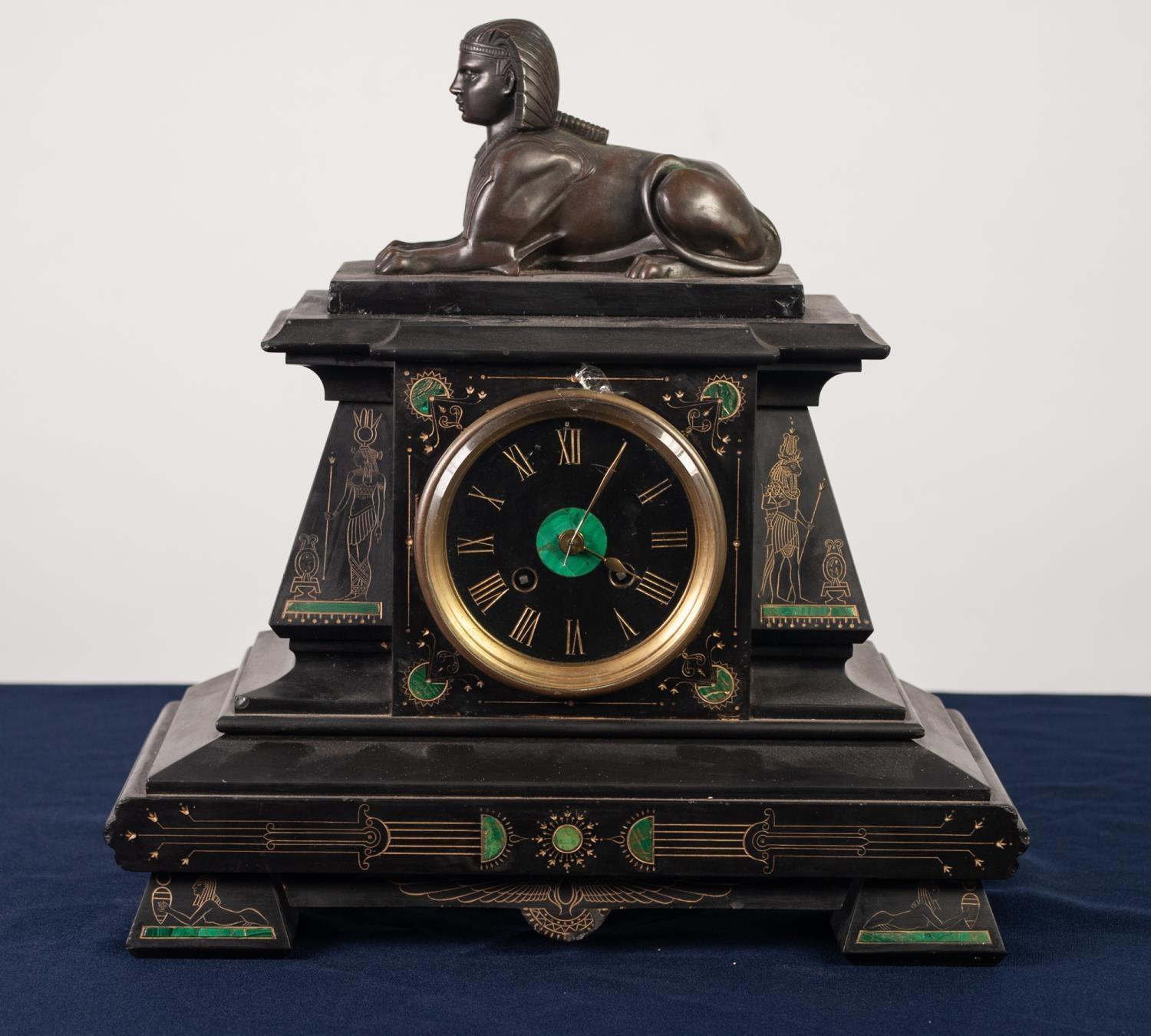 LATE NINETEENTH CENTURY BLACK SLATE MANTLE CLOCK, the 4" Roman dial with inset centre, powered by an - Image 2 of 3