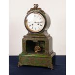 NINETEENTH CENTURY FRENCH EBONISED AND GREEN BOULLE WORK MANTLE CLOCK, the 4 ½” enamelled Roman dial
